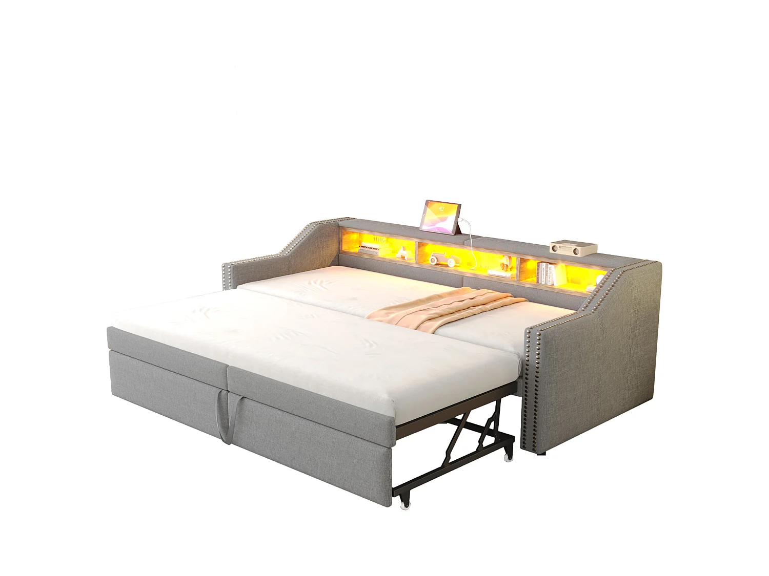 Divano letto estraibile imbottito - 90/180 x 200 cm - con contenitore + LED + porta USB - Lino + metallo + compensato + MDF - grigio chiaro