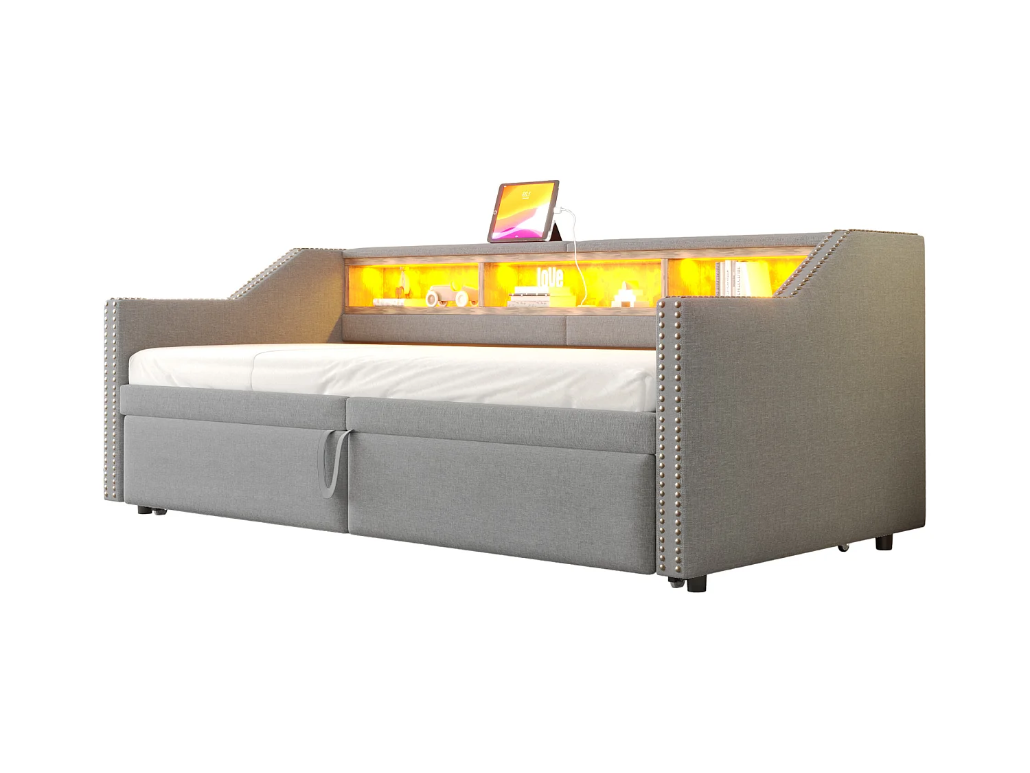 Divano letto estraibile imbottito - 90/180 x 200 cm - con contenitore + LED + porta USB - Lino + metallo + compensato + MDF - grigio chiaro