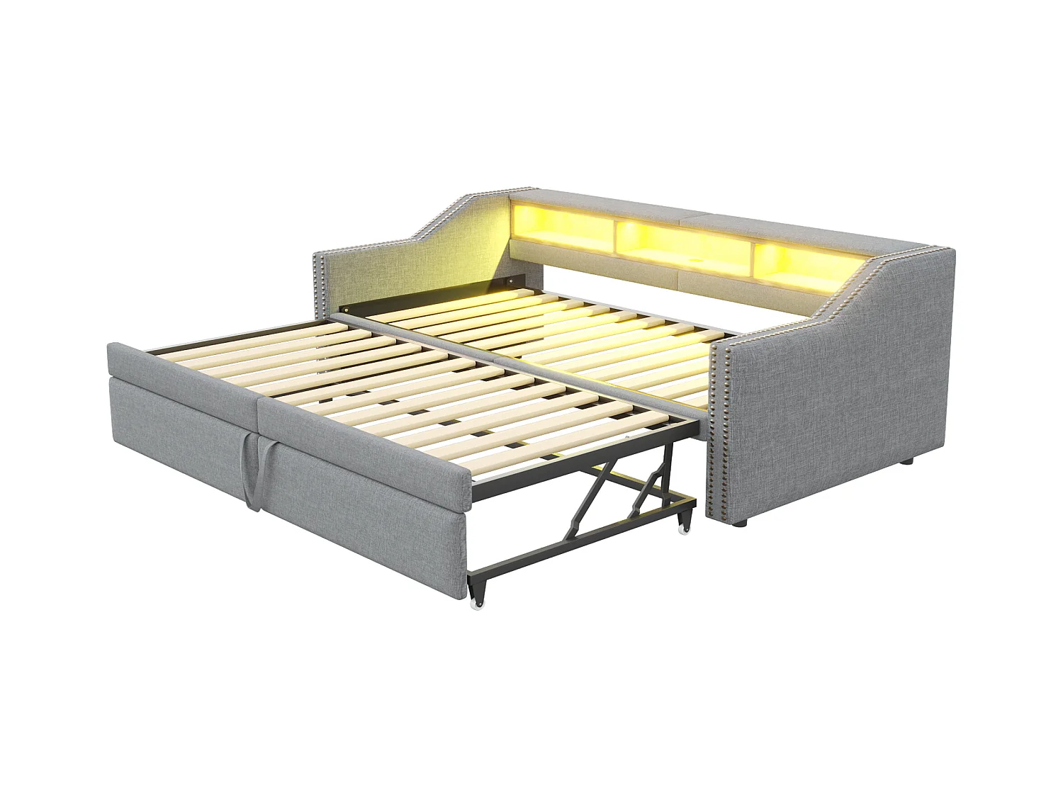 Divano letto estraibile imbottito - 90/180 x 200 cm - con contenitore + LED + porta USB - Lino + metallo + compensato + MDF - grigio chiaro