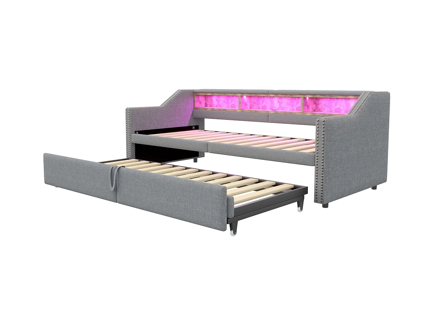 Divano letto estraibile imbottito - 90/180 x 200 cm - con contenitore + LED + porta USB - Lino + metallo + compensato + MDF - grigio chiaro