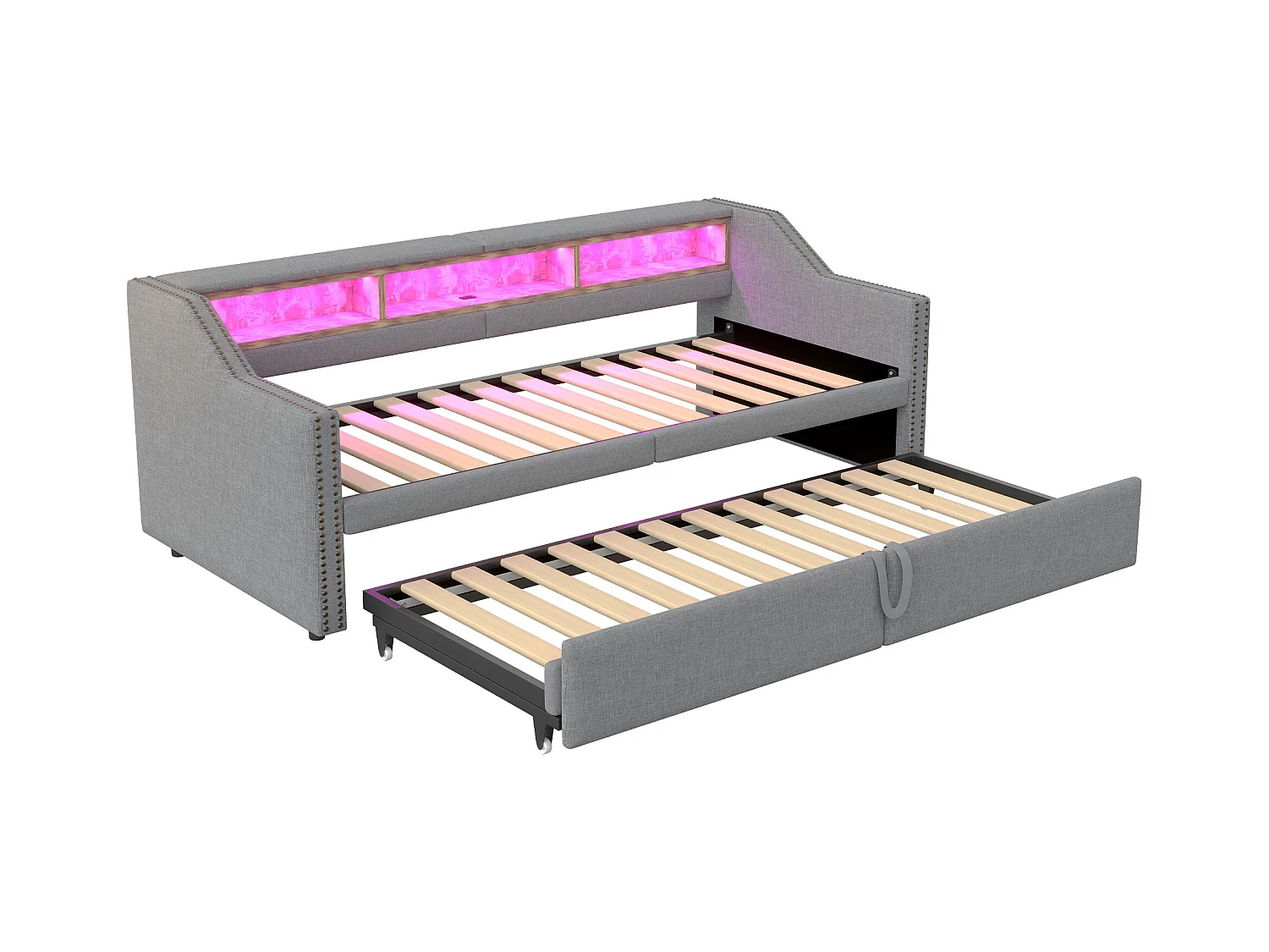 Divano letto estraibile imbottito - 90/180 x 200 cm - con contenitore + LED + porta USB - Lino + metallo + compensato + MDF - grigio chiaro