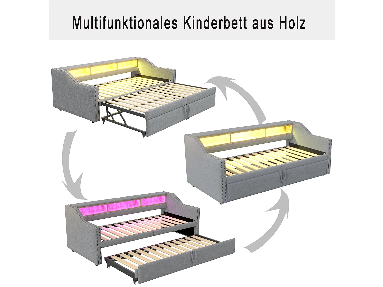 Canapé-lit rembourré gigogne - 90/180 x 200 cm - avec rangement + Leds + port USB -  Lin + métal + contreplaqué + MDF - gris clair