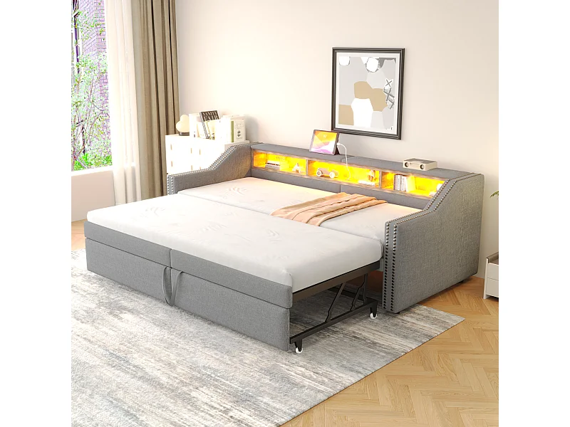 Gestoffeerde uitschuifbare slaapbank - 90/180 x 200 cm - met opbergruimte + ledverlichting + USB-aansluiting - Linnen + metaal + multiplex + MDF - lichtgrijs