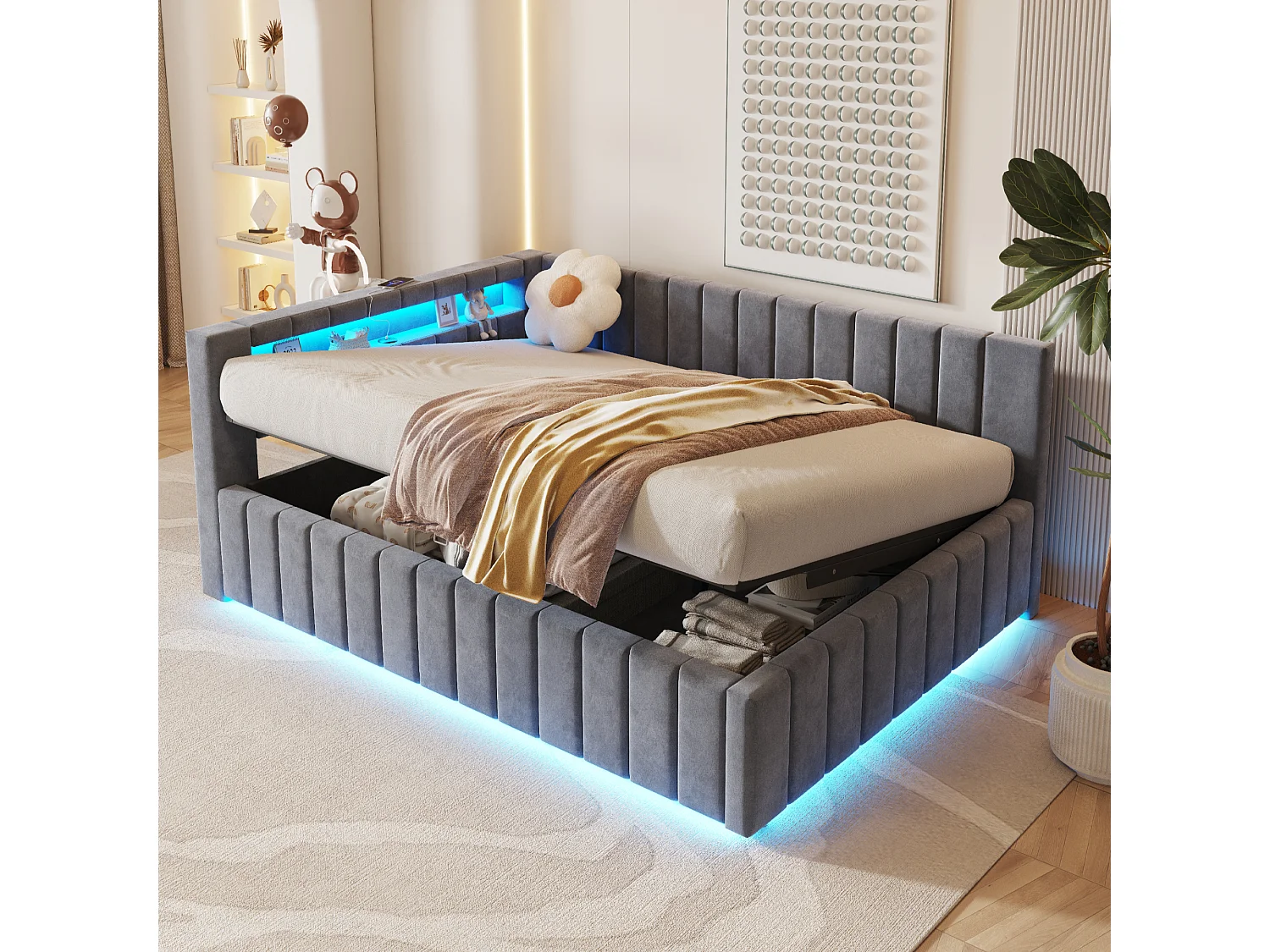 Gepolstertes Schlafsofa – 140 x 200 cm – mit hydraulischem Stauraum + LEDs + USB + Rückenlehne + Kopfteil – Samt + Sperrholz + MDF – Dunkelgrau