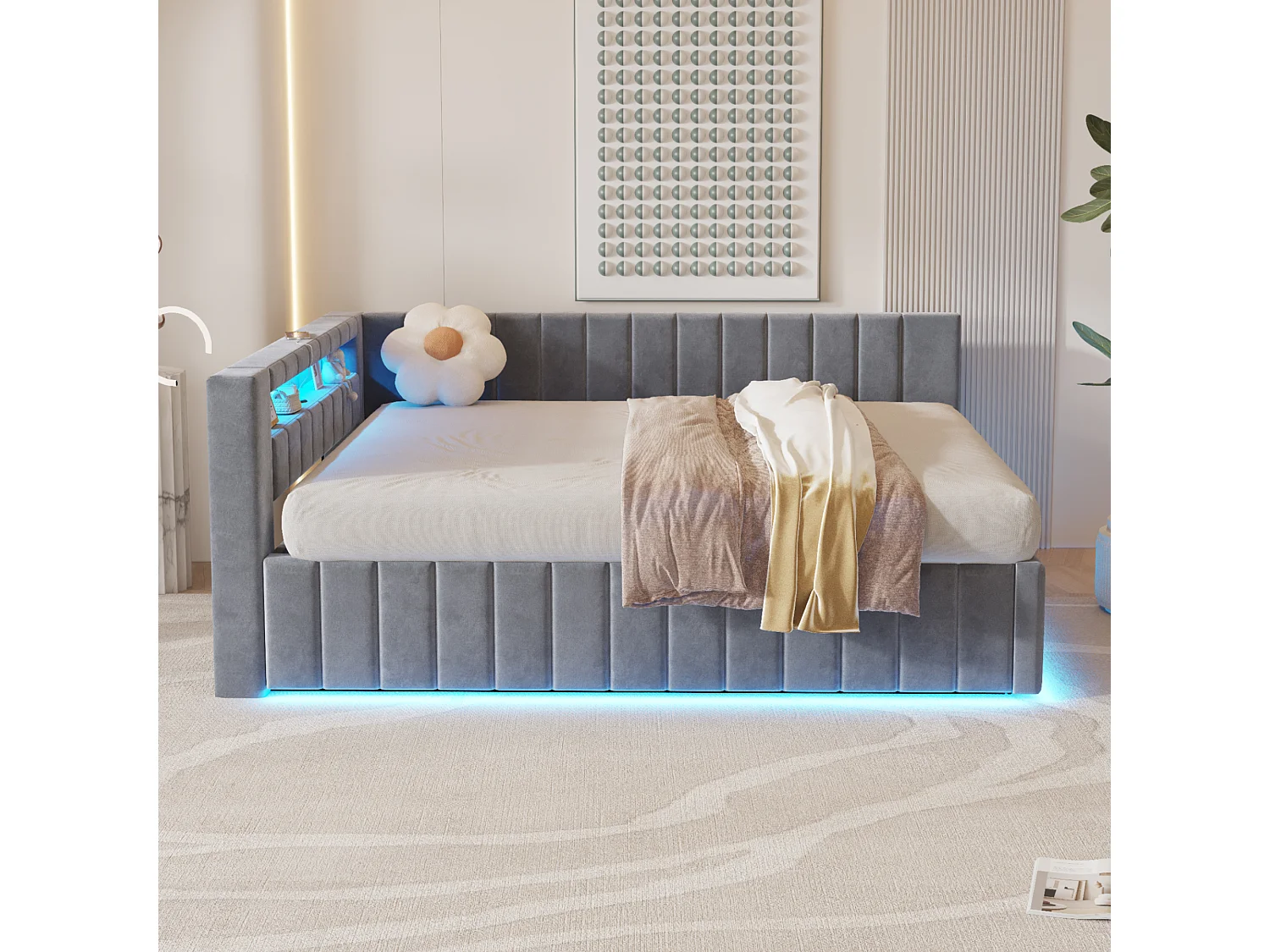 Gepolstertes Schlafsofa – 140 x 200 cm – mit hydraulischem Stauraum + LEDs + USB + Rückenlehne + Kopfteil – Samt + Sperrholz + MDF – Dunkelgrau