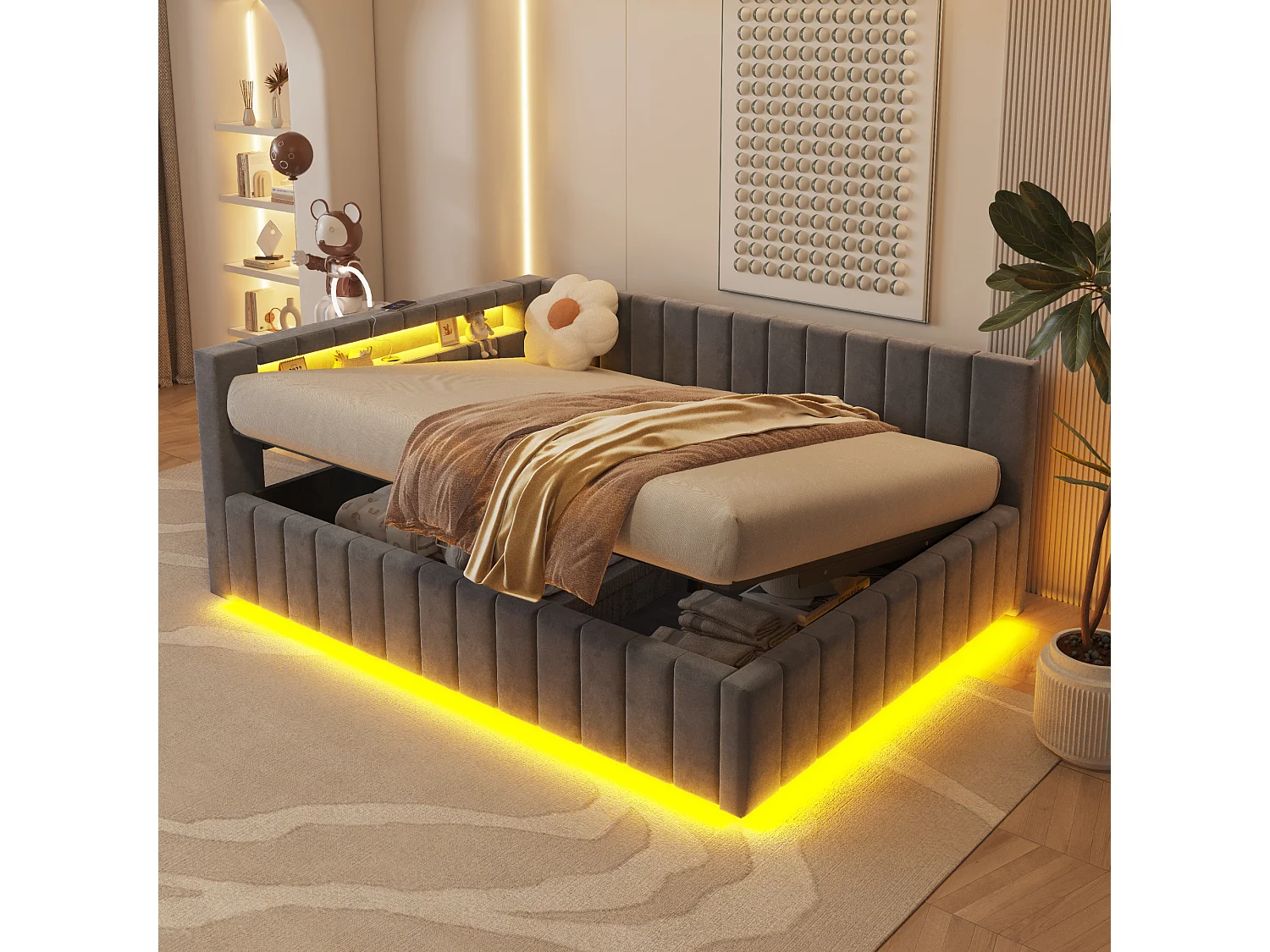 Gepolstertes Schlafsofa – 140 x 200 cm – mit hydraulischem Stauraum + LEDs + USB + Rückenlehne + Kopfteil – Samt + Sperrholz + MDF – Dunkelgrau