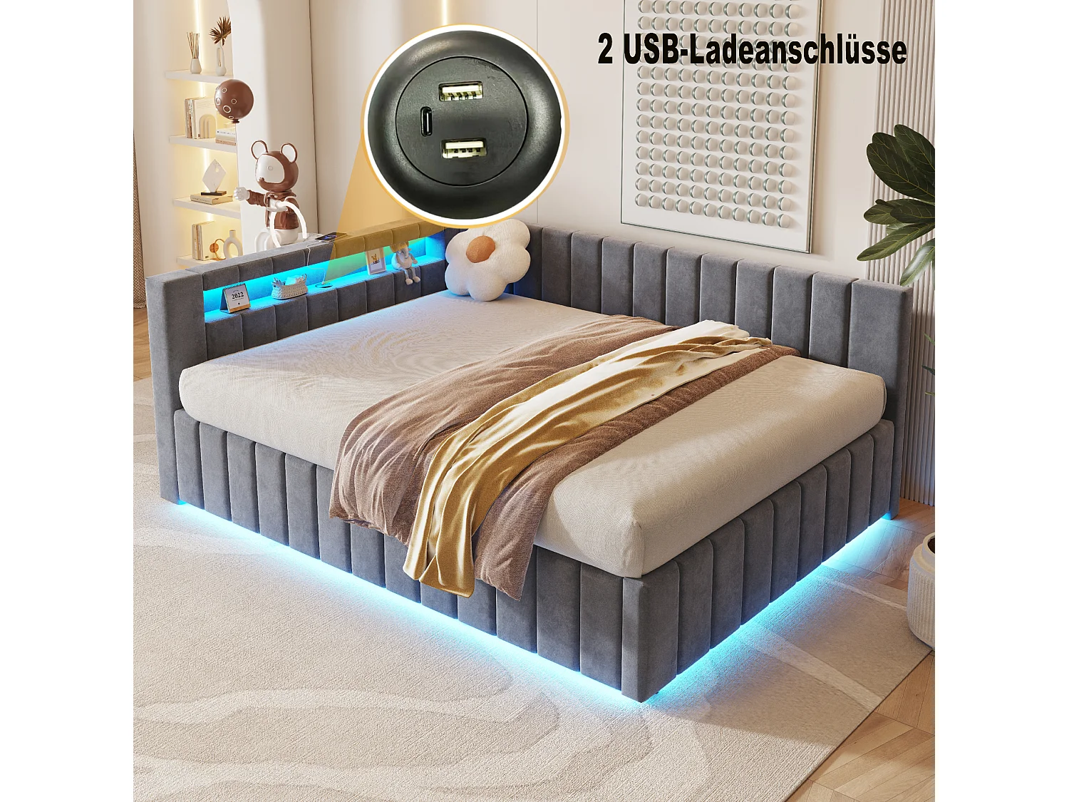 Gepolstertes Schlafsofa – 140 x 200 cm – mit hydraulischem Stauraum + LEDs + USB + Rückenlehne + Kopfteil – Samt + Sperrholz + MDF – Dunkelgrau
