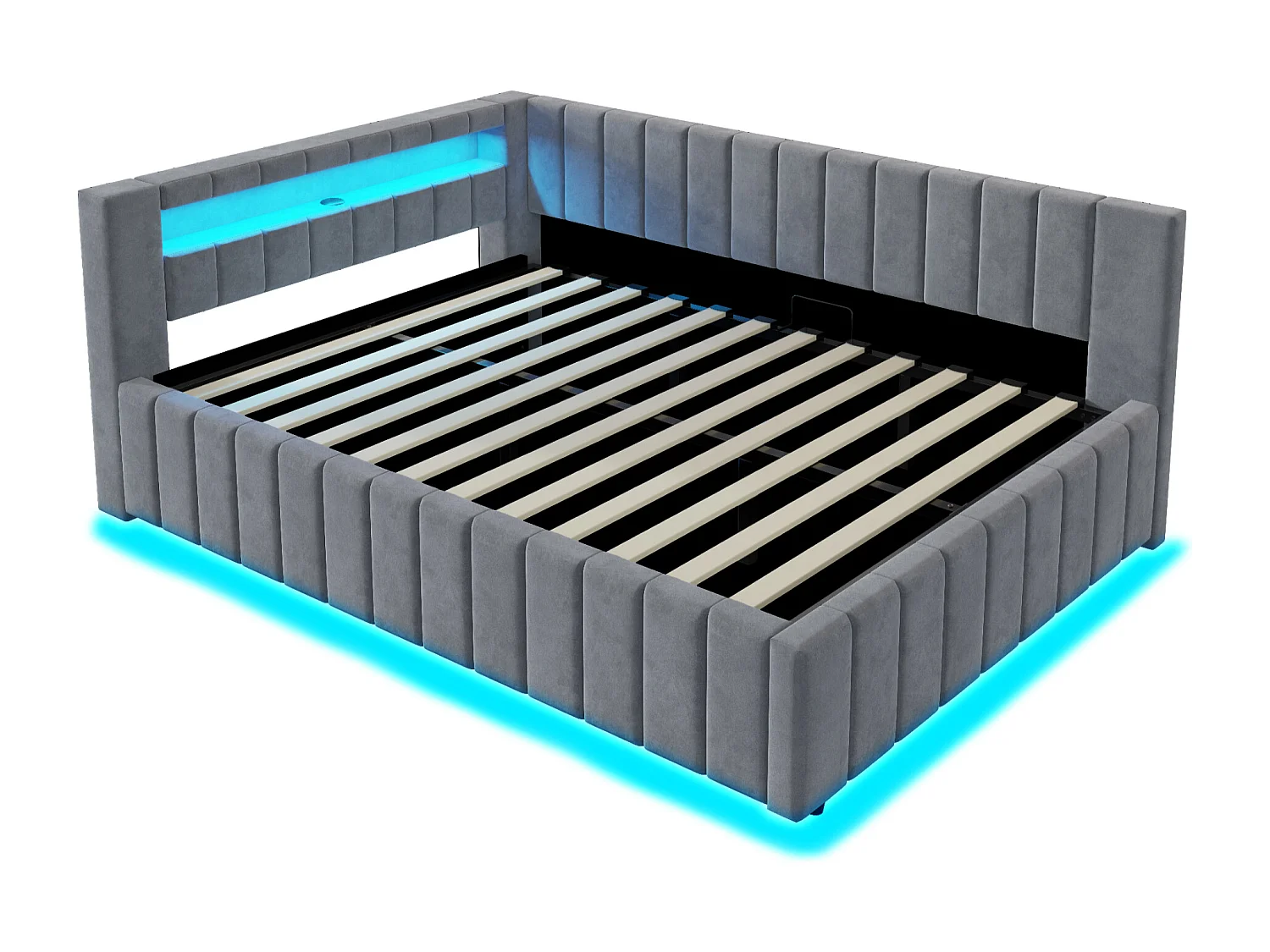 Gepolstertes Schlafsofa – 140 x 200 cm – mit hydraulischem Stauraum + LEDs + USB + Rückenlehne + Kopfteil – Samt + Sperrholz + MDF – Dunkelgrau