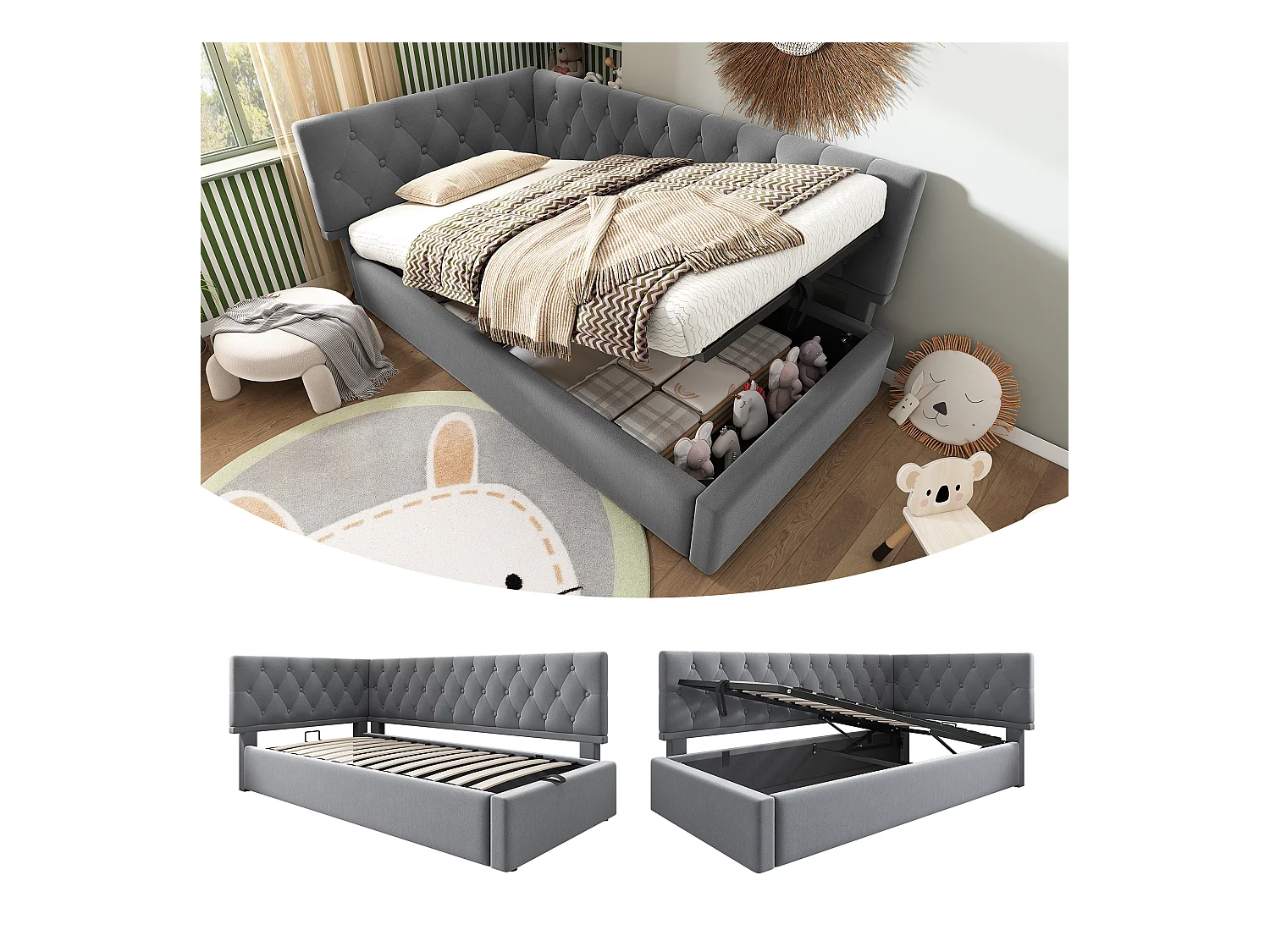 Kinderbedbank gestoffeerd - 90 x 200 cm - met hydraulische opbergruimte - fluweel - grijs