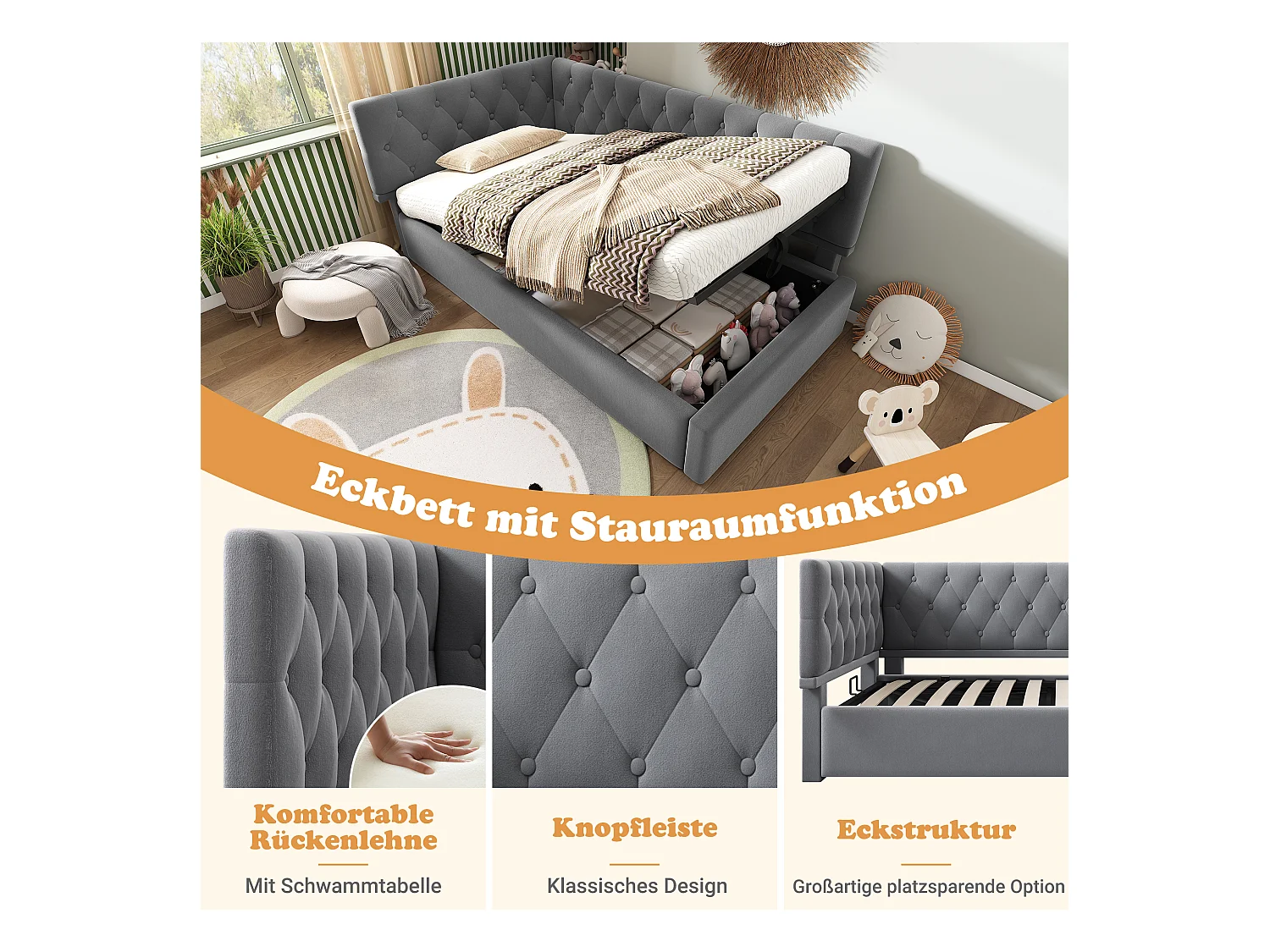 Kinderbedbank gestoffeerd - 90 x 200 cm - met hydraulische opbergruimte - fluweel - grijs