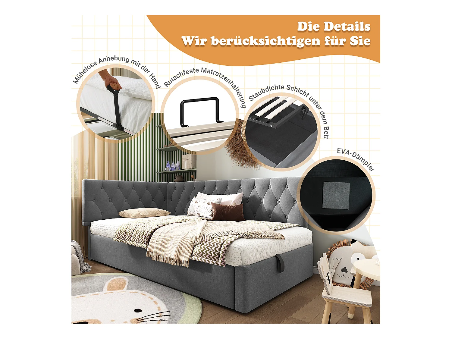 Kinderbedbank gestoffeerd - 90 x 200 cm - met hydraulische opbergruimte - fluweel - grijs