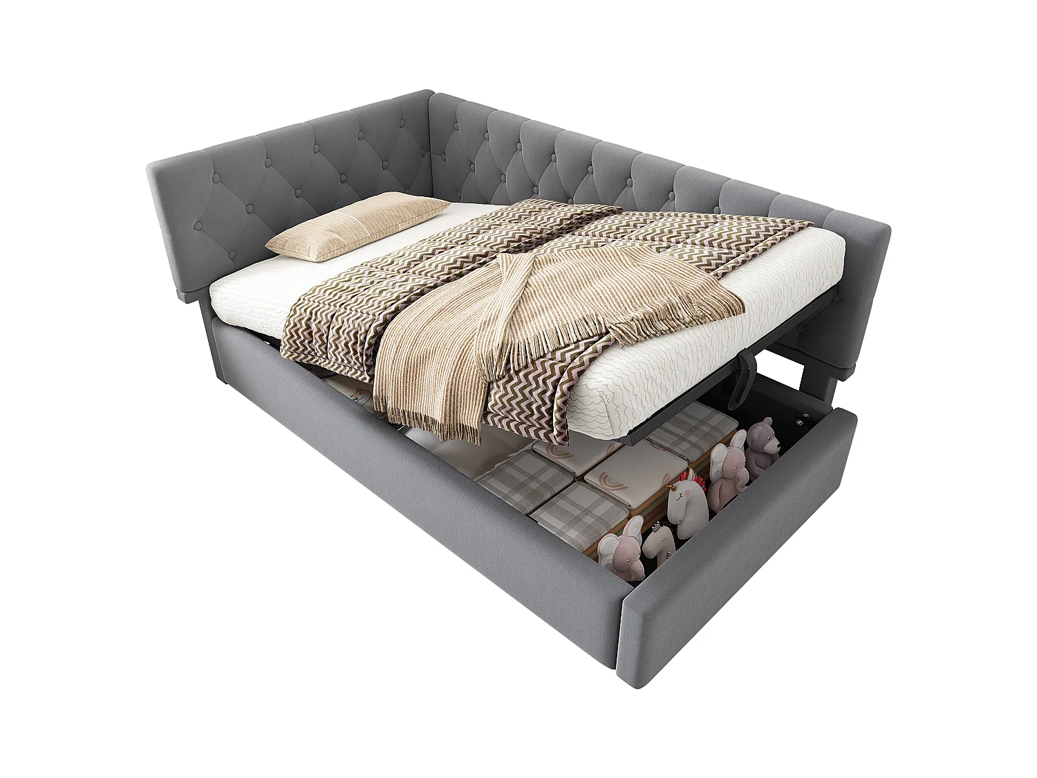 Kinderbedbank gestoffeerd - 90 x 200 cm - met hydraulische opbergruimte - fluweel - grijs