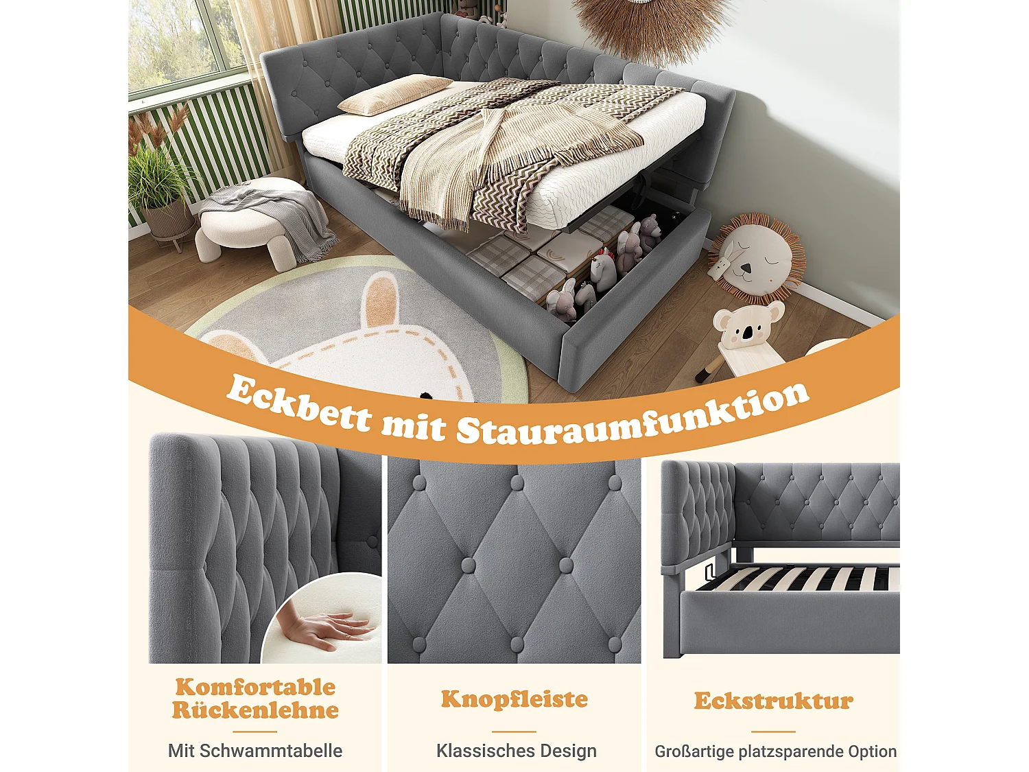 Canapé-lit rembourré pour enfant - 90 x 200 cm - avec rangement hydraulique - velours - gris