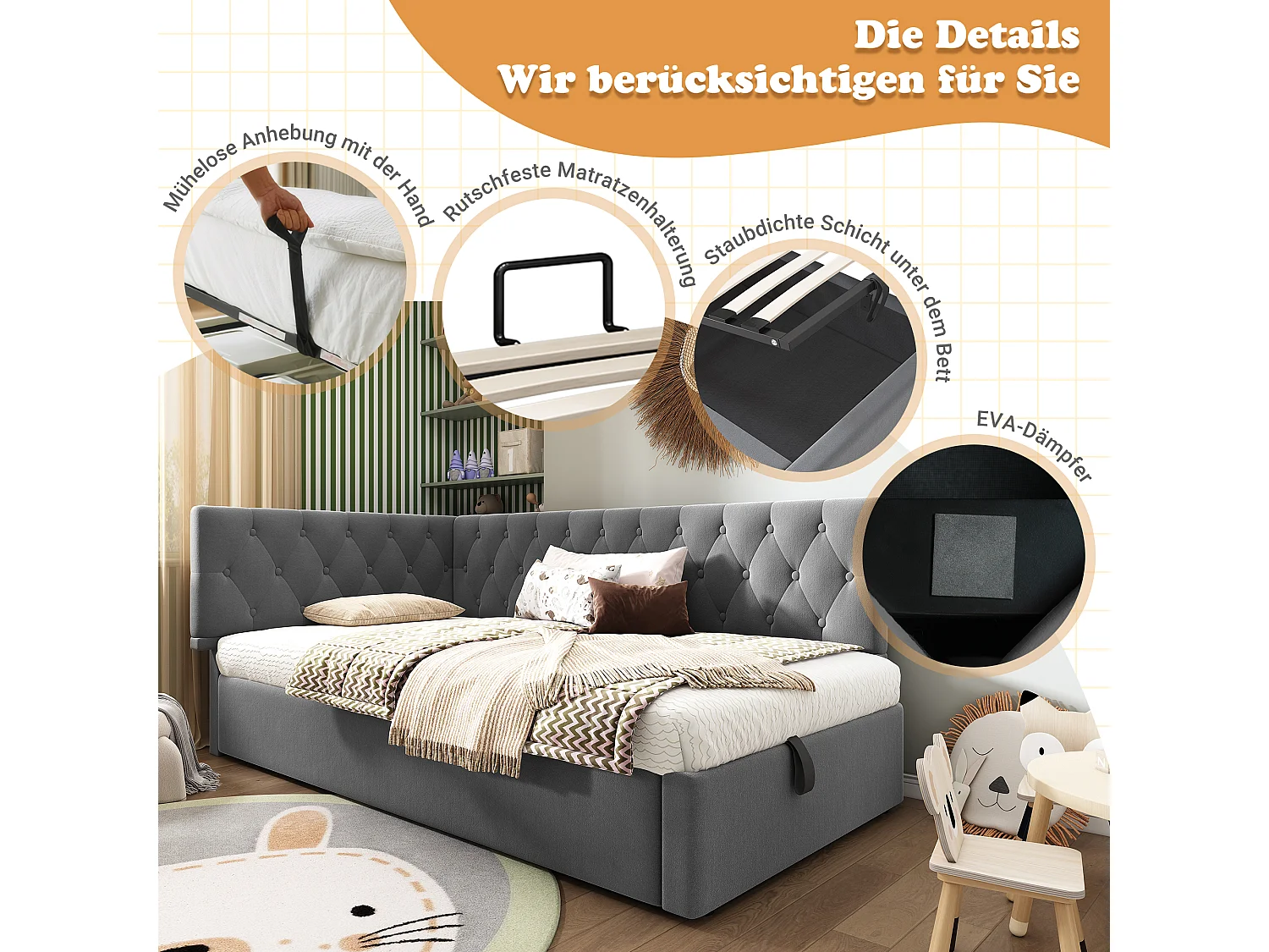 Canapé-lit rembourré pour enfant - 90 x 200 cm - avec rangement hydraulique - velours - gris