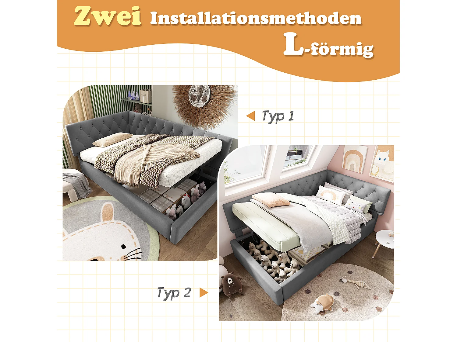 Canapé-lit rembourré pour enfant - 90 x 200 cm - avec rangement hydraulique - velours - gris