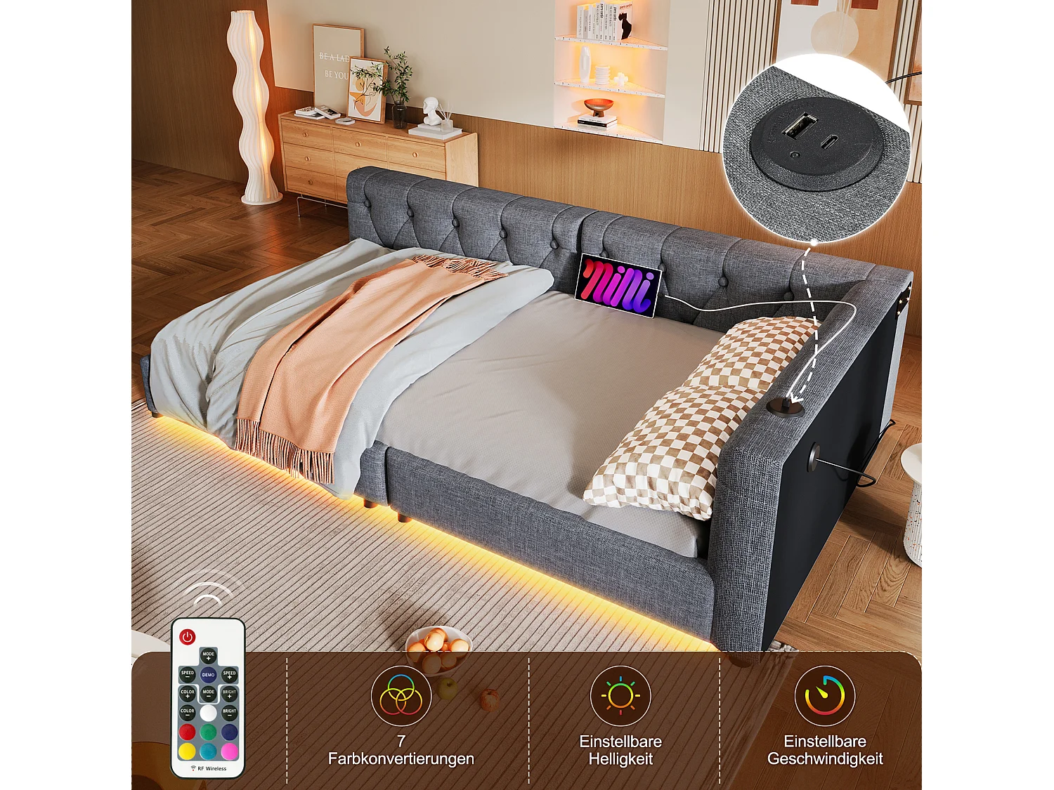 Divano letto - 90 x 200 cm - con LED + testiera imbottita + USB + Type-C - lino - grigio