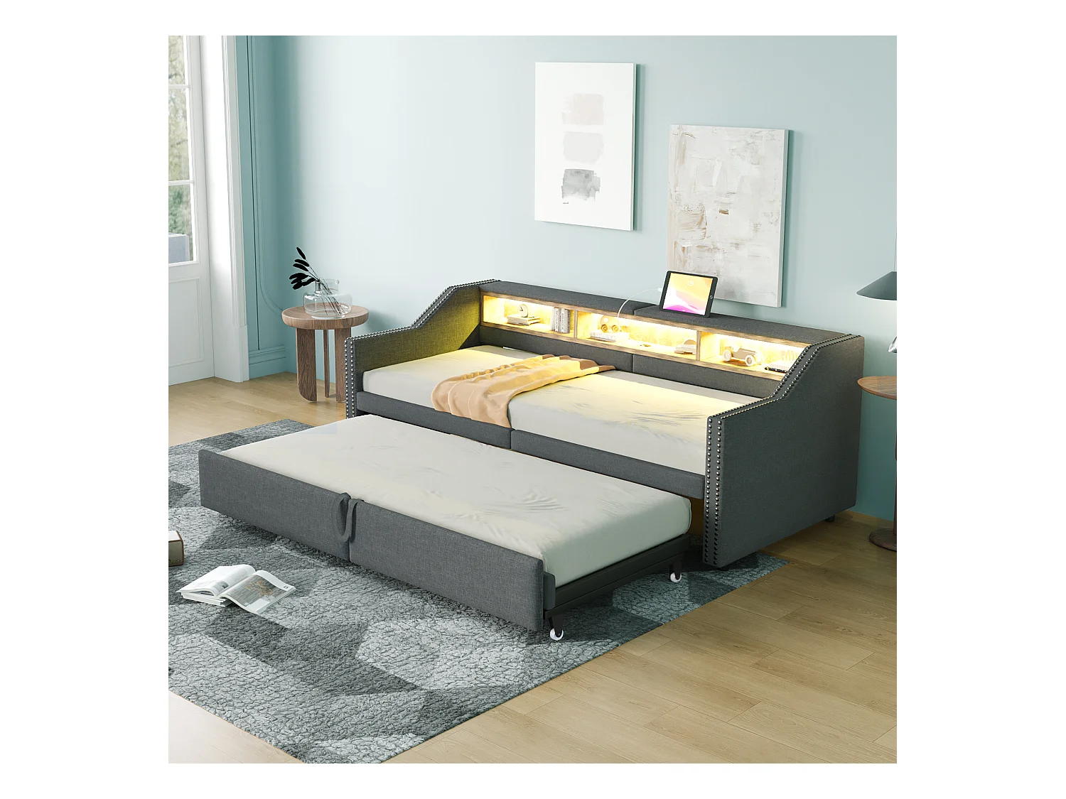 Divano letto estraibile imbottito - 90/180 x 200 cm - con contenitore + LED + porta USB - Lino + metallo + Compensato + MDF - grigio