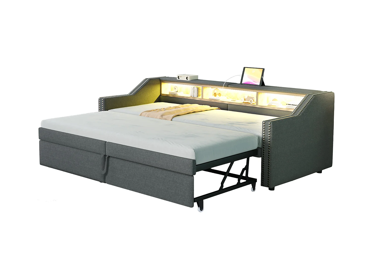 Divano letto estraibile imbottito - 90/180 x 200 cm - con contenitore + LED + porta USB - Lino + metallo + Compensato + MDF - grigio