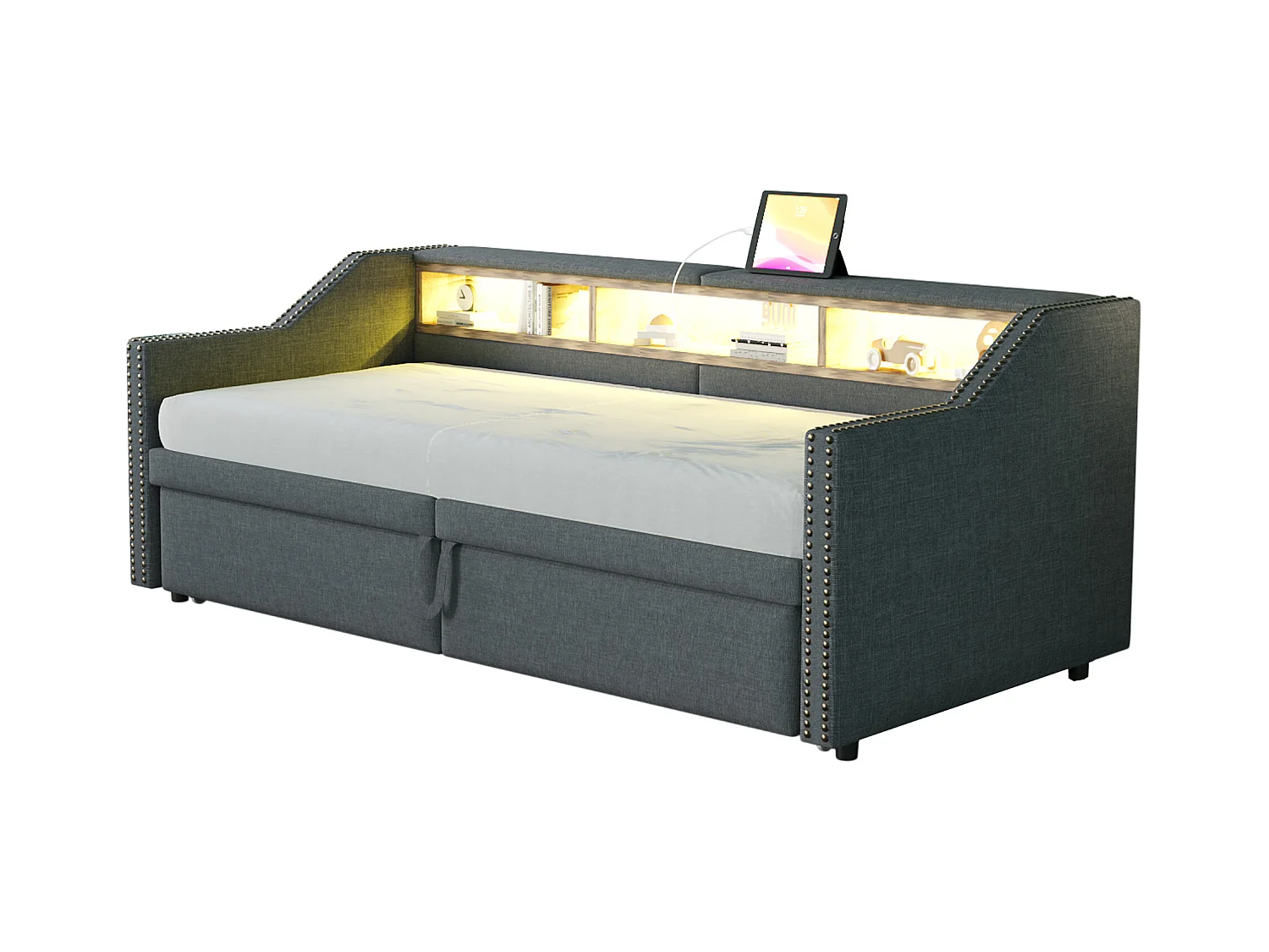 Divano letto estraibile imbottito - 90/180 x 200 cm - con contenitore + LED + porta USB - Lino + metallo + Compensato + MDF - grigio