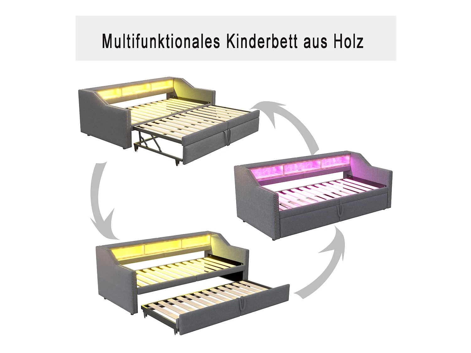 Divano letto estraibile imbottito - 90/180 x 200 cm - con contenitore + LED + porta USB - Lino + metallo + Compensato + MDF - grigio