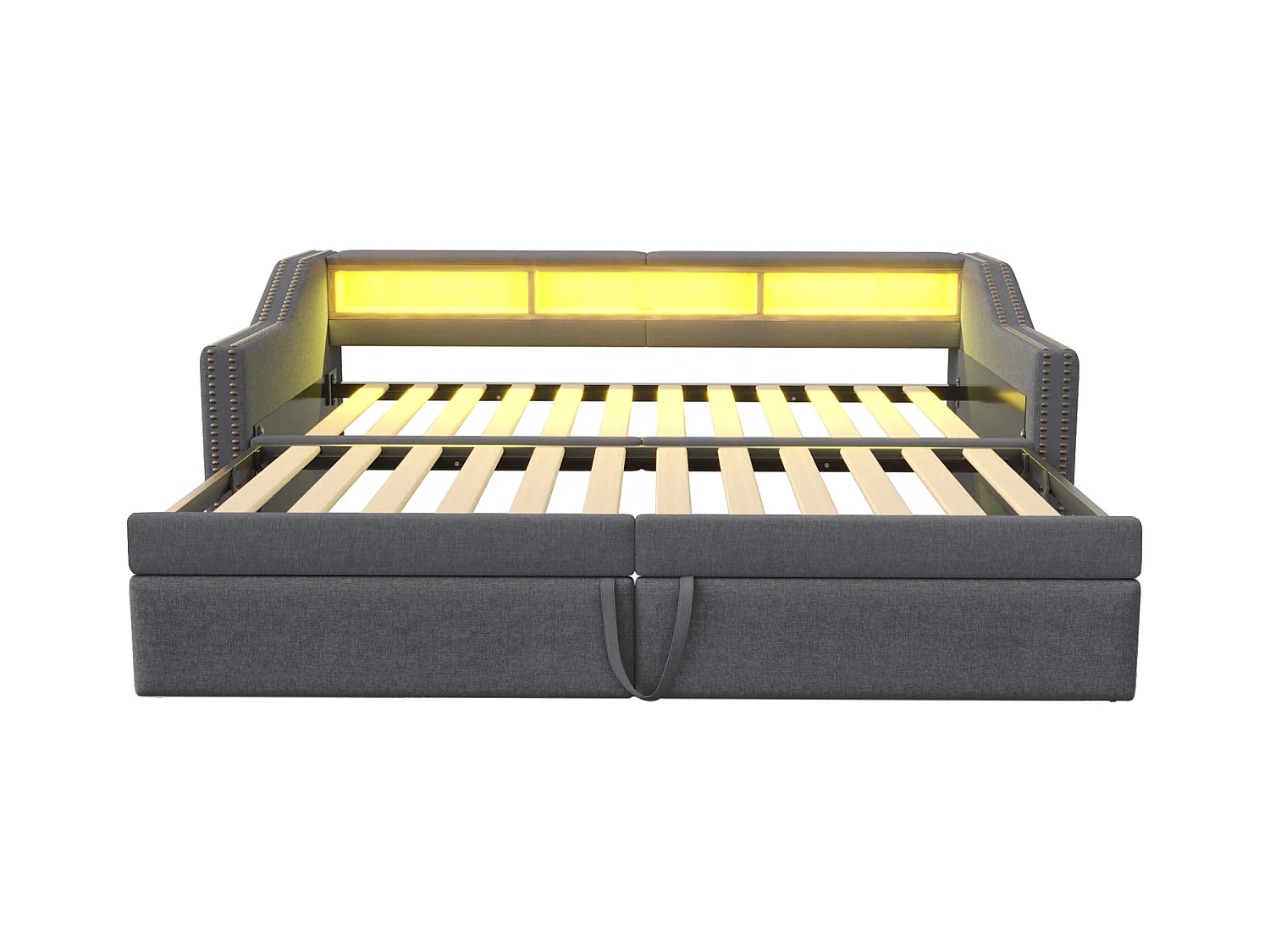 Divano letto estraibile imbottito - 90/180 x 200 cm - con contenitore + LED + porta USB - Lino + metallo + Compensato + MDF - grigio