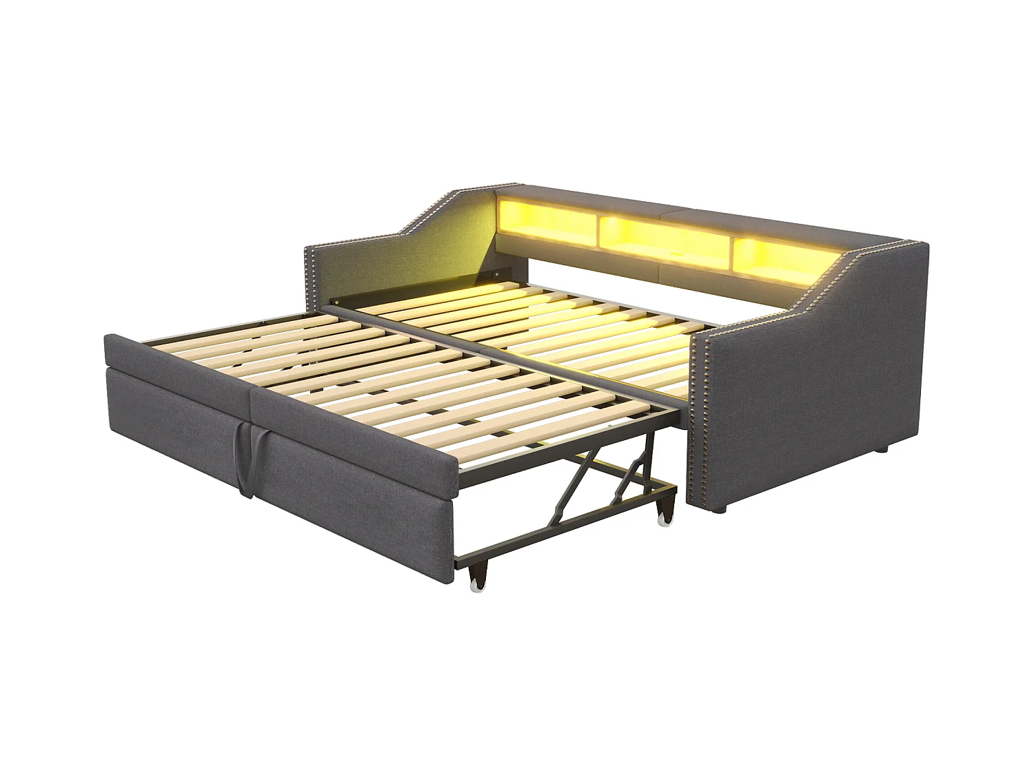 Divano letto estraibile imbottito - 90/180 x 200 cm - con contenitore + LED + porta USB - Lino + metallo + Compensato + MDF - grigio