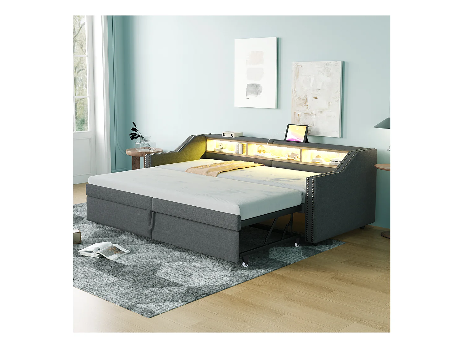 Canapé-lit rembourré gigogne - 90/180 x 200 cm - avec rangement + Leds + port USB -  Lin + métal + contreplaqué + MDF - gris