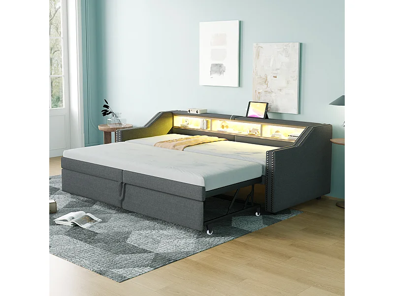 Gestoffeerde uitschuifbare bank Bed - 90/180 x 200 cm - met opbergruimte + ledverlichting + USB-aansluiting - Linnen + metaal + multiplex + MDF - grijs