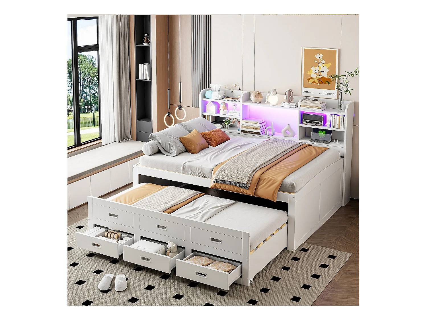 Sofa z funkcją spania - 140 x 200 cm + 90 x 190 cm - z diodami LED + 3 szuflady + stolik nocny + USB + typ C - płyta wiórowa + płyta MDF - biały