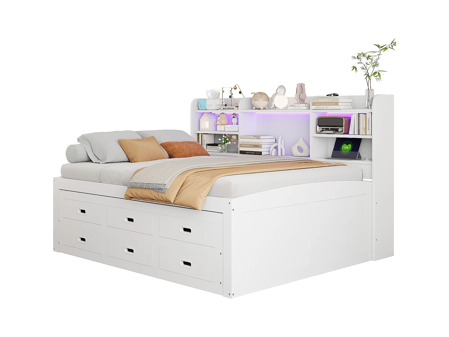 Sofa z funkcją spania - 140 x 200 cm + 90 x 190 cm - z diodami LED + 3 szuflady + stolik nocny + USB + typ C - płyta wiórowa + płyta MDF - biały
