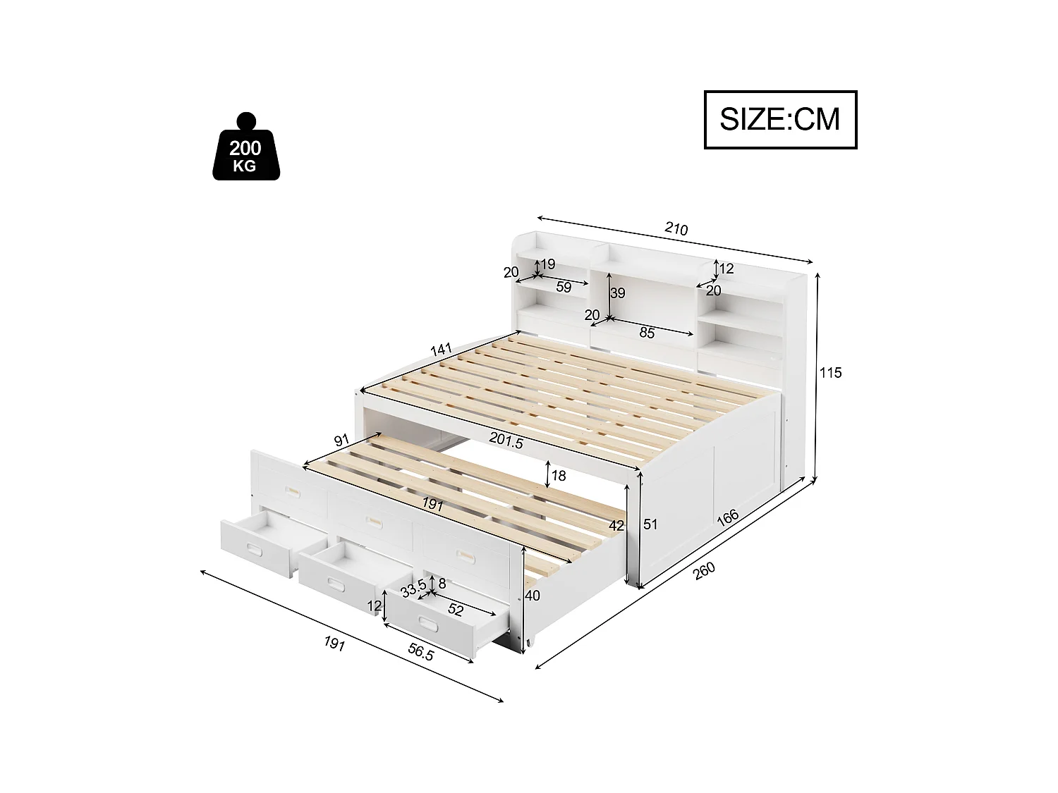 Canapé-lit gigogne - 140 x 200 cm + 90 x 190 cm - avec Leds + 3 tiroirs + table de chevet + USB + Type-C - aggloméré + MDF - blanc