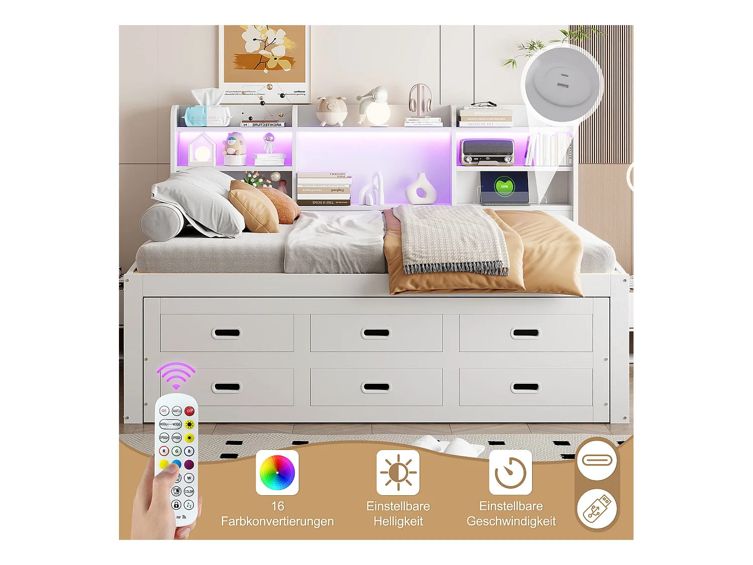 Canapé-lit gigogne - 140 x 200 cm + 90 x 190 cm - avec Leds + 3 tiroirs + table de chevet + USB + Type-C - aggloméré + MDF - blanc