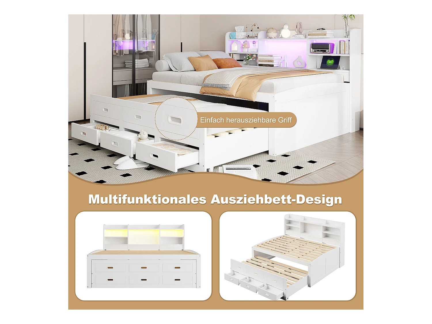 Canapé-lit gigogne - 140 x 200 cm + 90 x 190 cm - avec Leds + 3 tiroirs + table de chevet + USB + Type-C - aggloméré + MDF - blanc