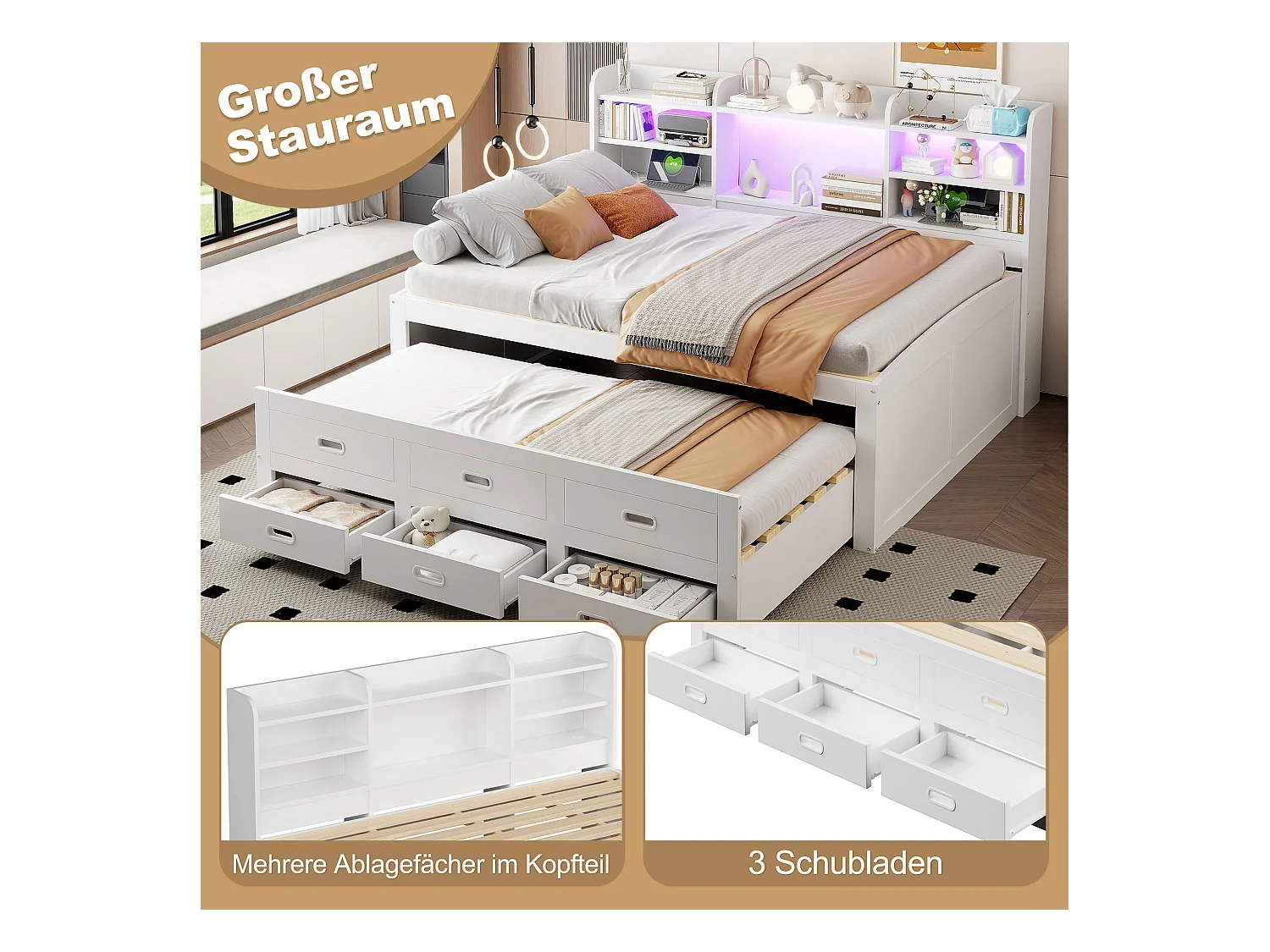 Canapé-lit gigogne - 140 x 200 cm + 90 x 190 cm - avec Leds + 3 tiroirs + table de chevet + USB + Type-C - aggloméré + MDF - blanc