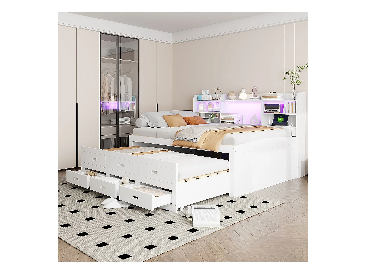 Canapé-lit gigogne - 140 x 200 cm + 90 x 190 cm - avec Leds + 3 tiroirs + table de chevet + USB + Type-C - aggloméré + MDF - blanc
