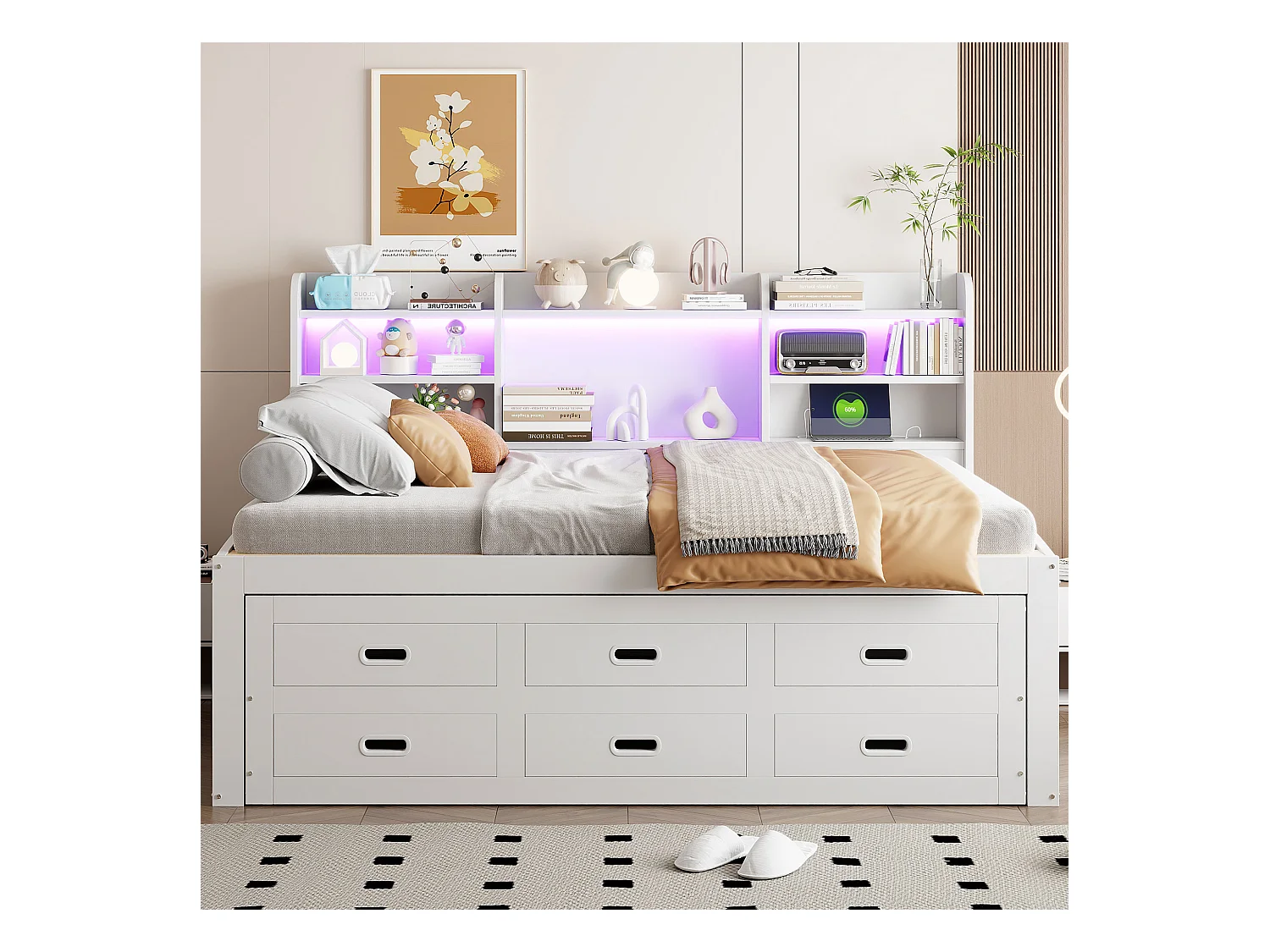 Canapé-lit gigogne - 140 x 200 cm + 90 x 190 cm - avec Leds + 3 tiroirs + table de chevet + USB + Type-C - aggloméré + MDF - blanc