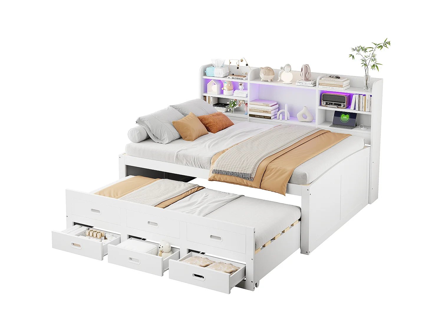 Canapé-lit gigogne - 140 x 200 cm + 90 x 190 cm - avec Leds + 3 tiroirs + table de chevet + USB + Type-C - aggloméré + MDF - blanc