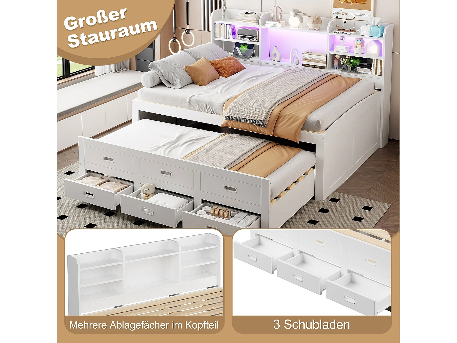 Canapé-lit gigogne - 140 x 200 cm + 90 x 190 cm - avec Leds + 3 tiroirs + table de chevet + USB + Type-C - aggloméré + MDF - blanc