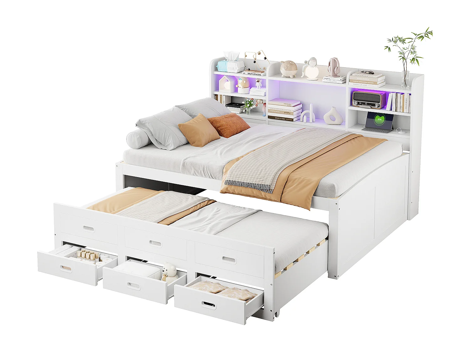 Canapé-lit gigogne - 140 x 200 cm + 90 x 190 cm - avec Leds + 3 tiroirs + table de chevet + USB + Type-C - aggloméré + MDF - blanc