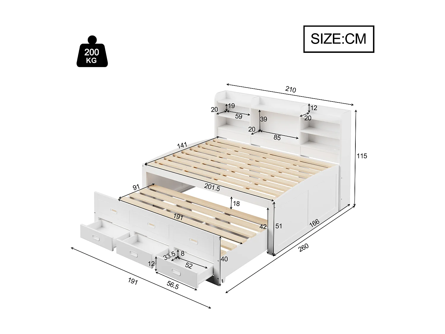 Canapé-lit gigogne - 140 x 200 cm + 90 x 190 cm - avec Leds + 3 tiroirs + table de chevet + USB + Type-C - aggloméré + MDF - blanc