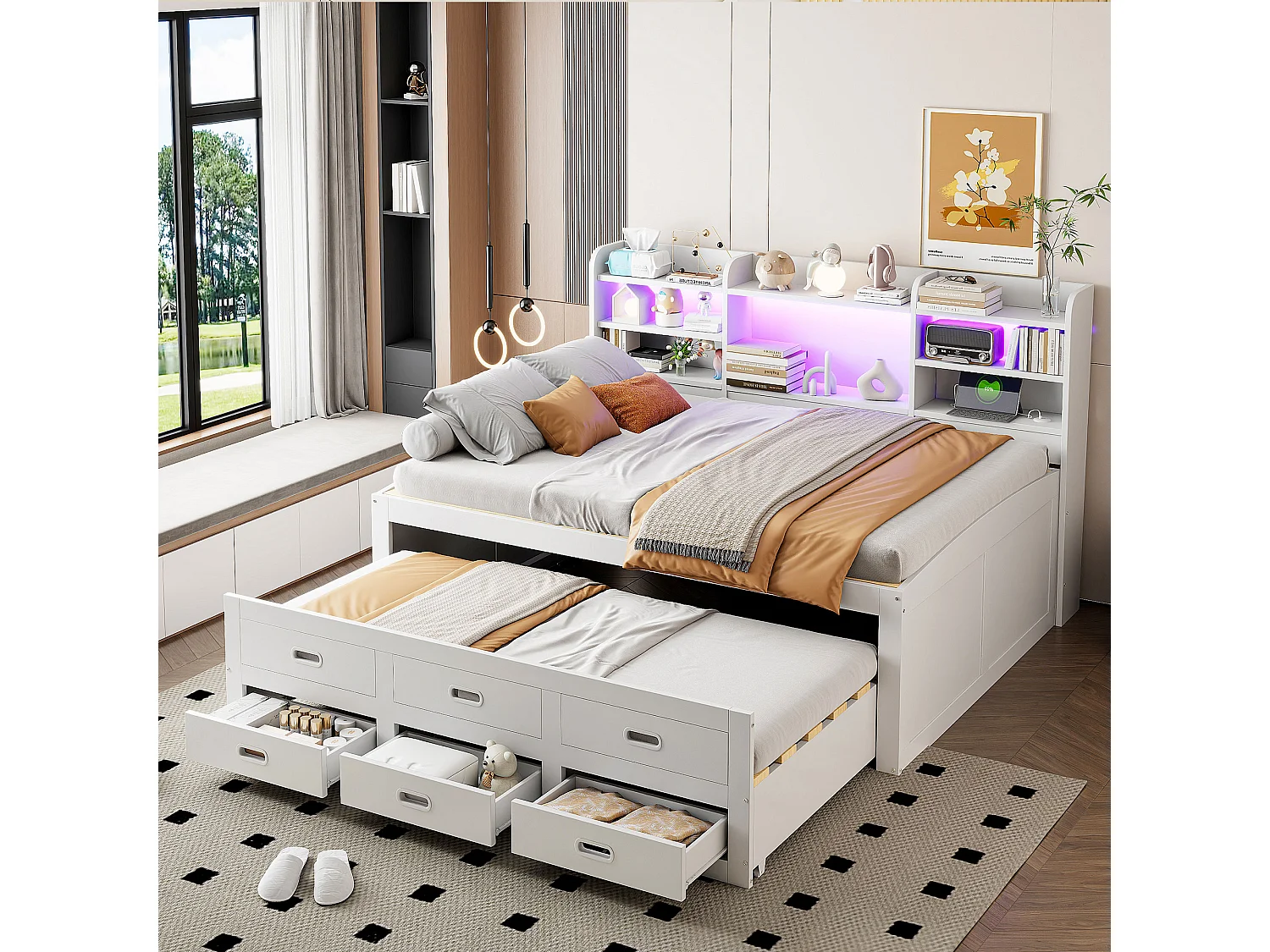 Rozkładana sofa - 140 x 200 cm + 90 x 190 cm - z diodami LED + 3 szuflady + stolik nocny + USB + Typ C - płyta wiórowa + MDF - biała