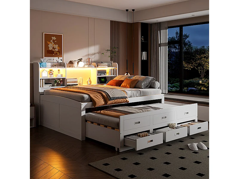 Uitschuifbare slaapbank - 140 x 200 cm + 90 x 190 cm - met LED's + 3 lades + nachtkastje + USB + Type-C - spaanplaat + MDF - wit