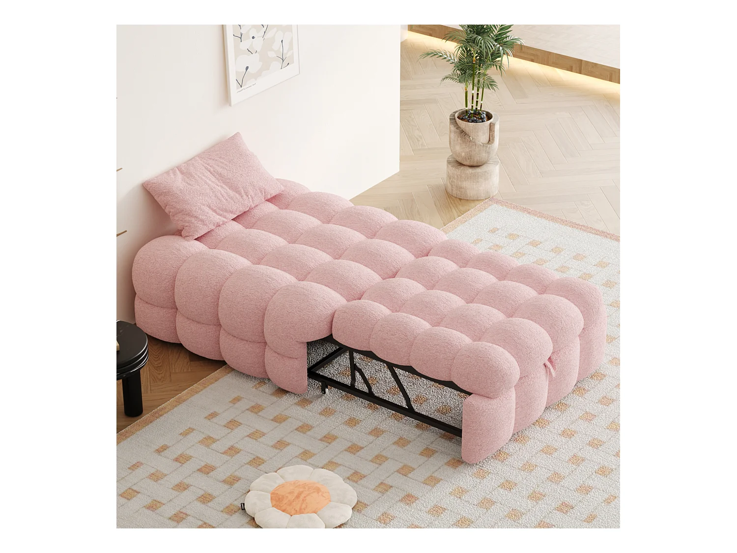 Canapé-lit rembourré gigogne - 70 x 180 cm - repose-pieds 2 en 1 - velours Teddy + métal + contreplaqué + MDF - rose