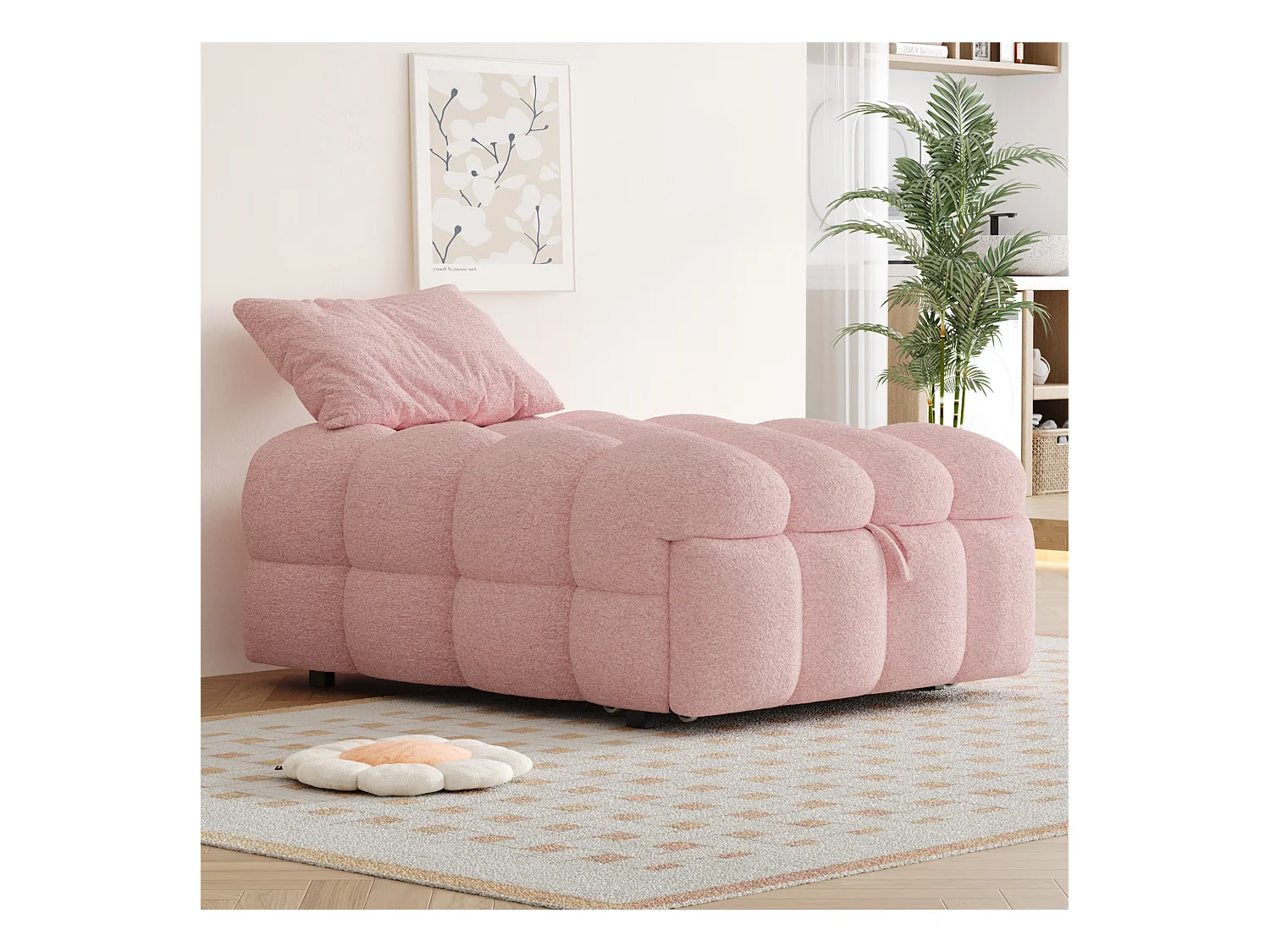 Canapé-lit rembourré gigogne - 70 x 180 cm - repose-pieds 2 en 1 - velours Teddy + métal + contreplaqué + MDF - rose