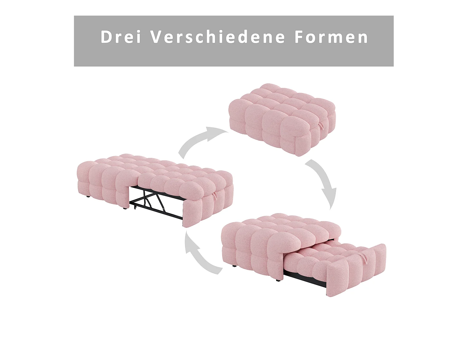 Canapé-lit rembourré gigogne - 70 x 180 cm - repose-pieds 2 en 1 - velours Teddy + métal + contreplaqué + MDF - rose