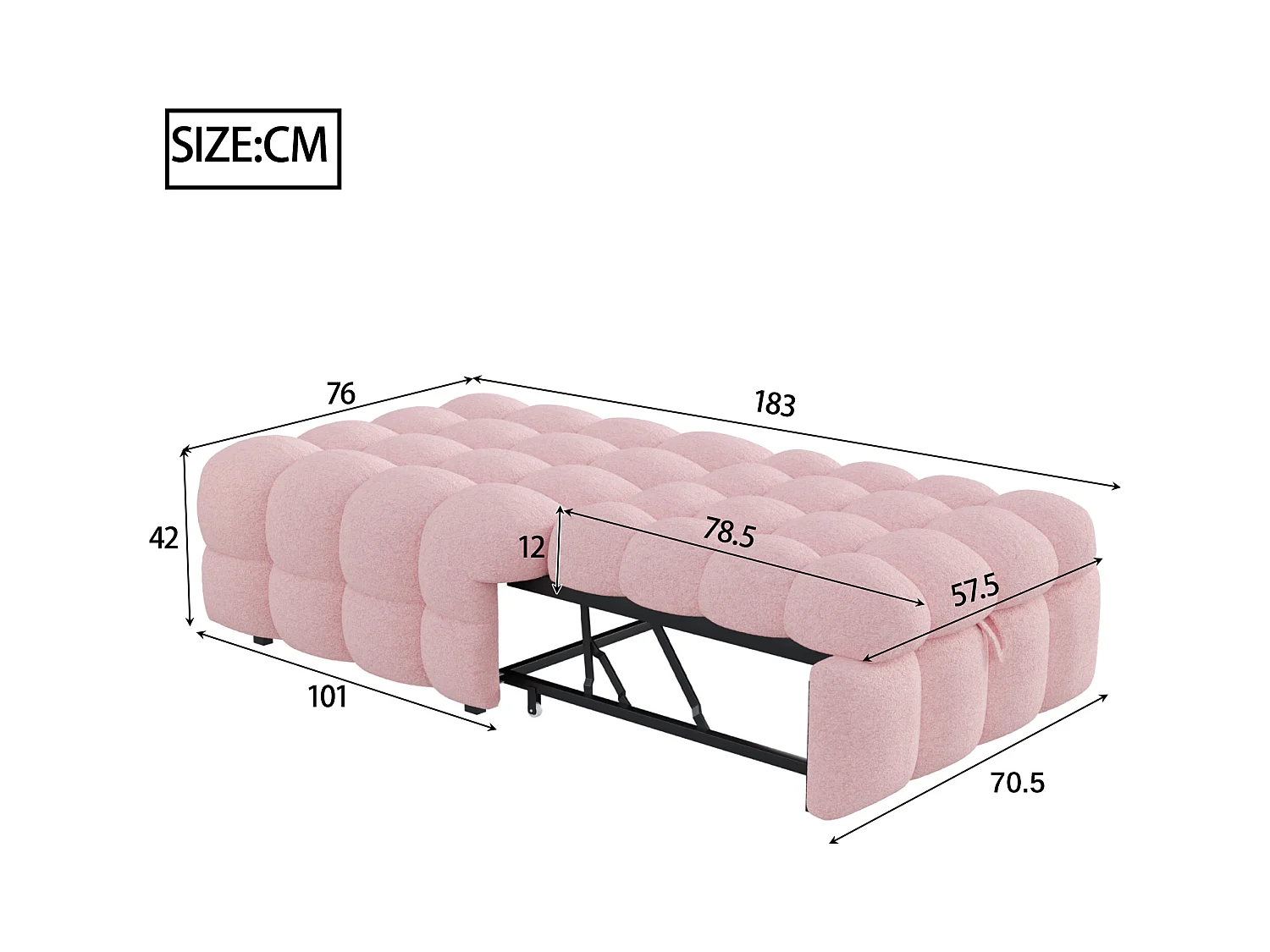 Canapé-lit rembourré gigogne - 70 x 180 cm - repose-pieds 2 en 1 - velours Teddy + métal + contreplaqué + MDF - rose