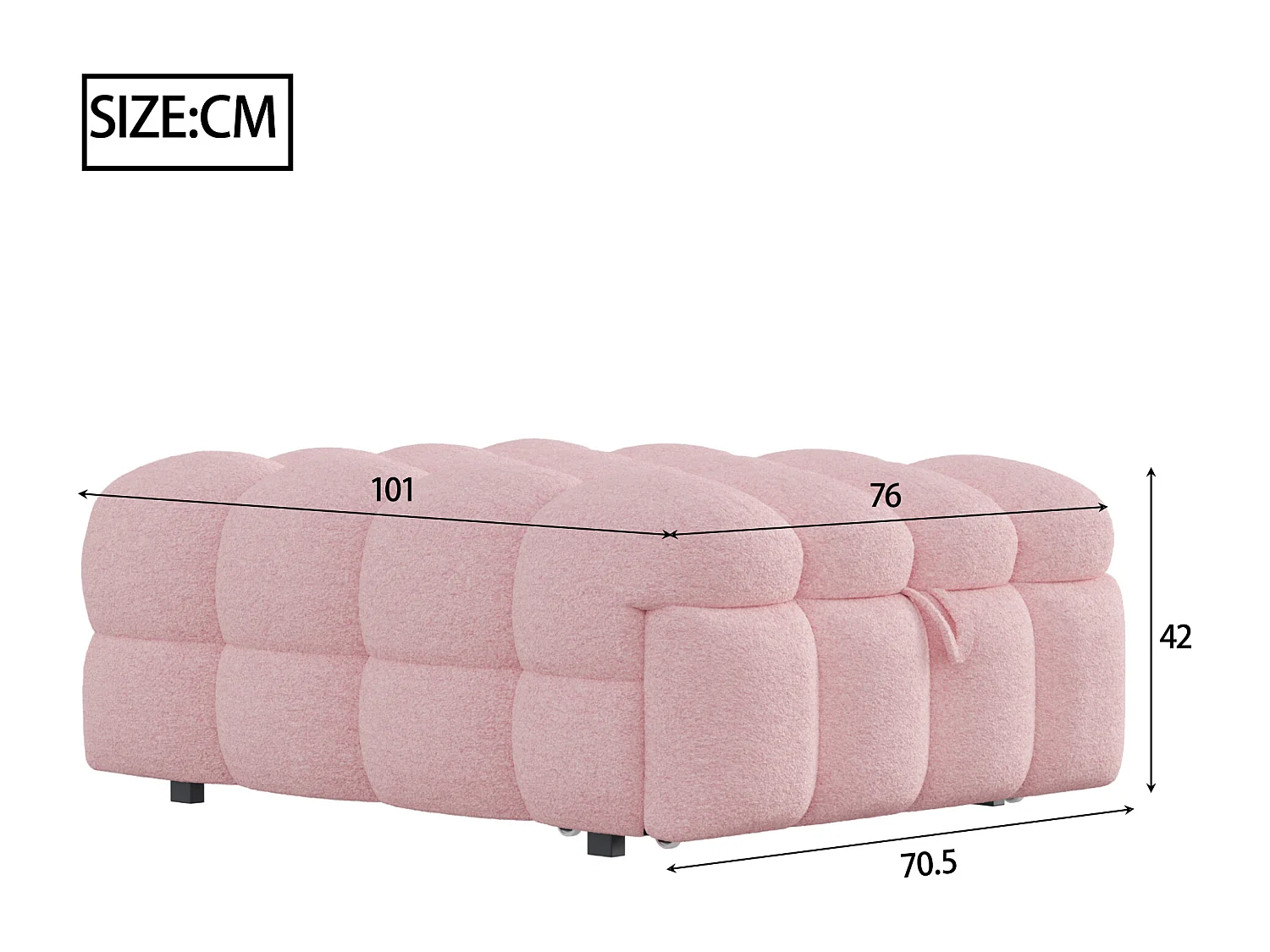 Canapé-lit rembourré gigogne - 70 x 180 cm - repose-pieds 2 en 1 - velours Teddy + métal + contreplaqué + MDF - rose