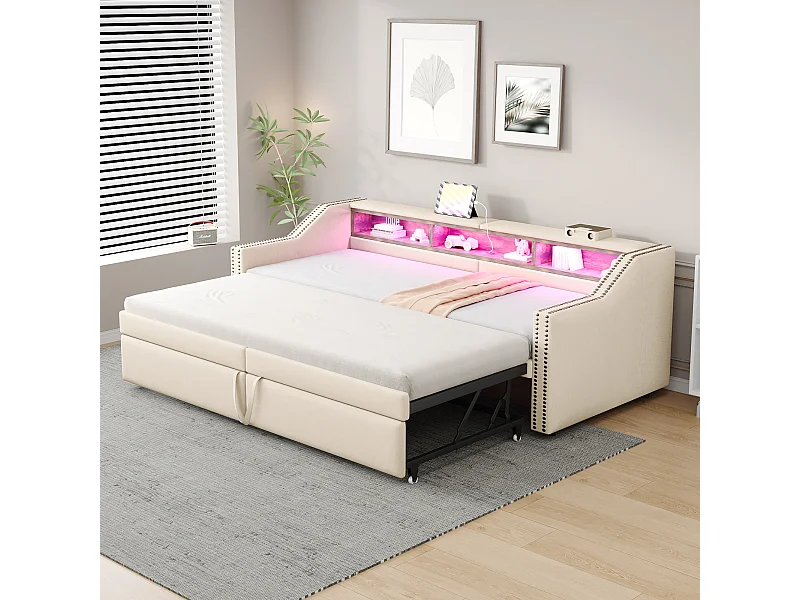 Divano letto estraibile imbottito - 90/180 x 200 cm - con contenitore + LED + porta USB - Lino + metallo + compensato + MDF - beige