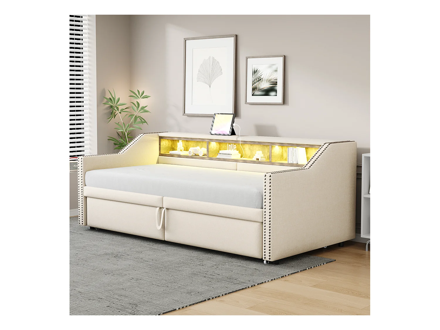 Divano letto estraibile imbottito - 90/180 x 200 cm - con contenitore + LED + porta USB - Lino + metallo + compensato + MDF - beige