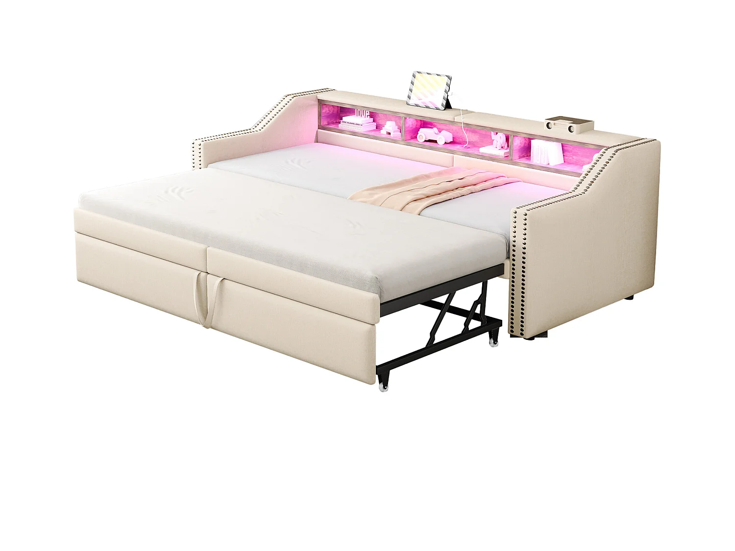 Divano letto estraibile imbottito - 90/180 x 200 cm - con contenitore + LED + porta USB - Lino + metallo + compensato + MDF - beige